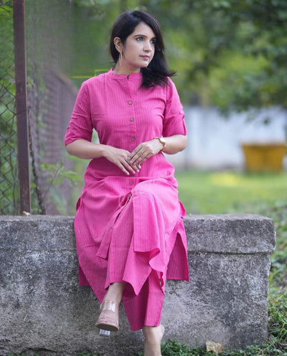 Pink Katha Cotton Kurta and Palazzo Set