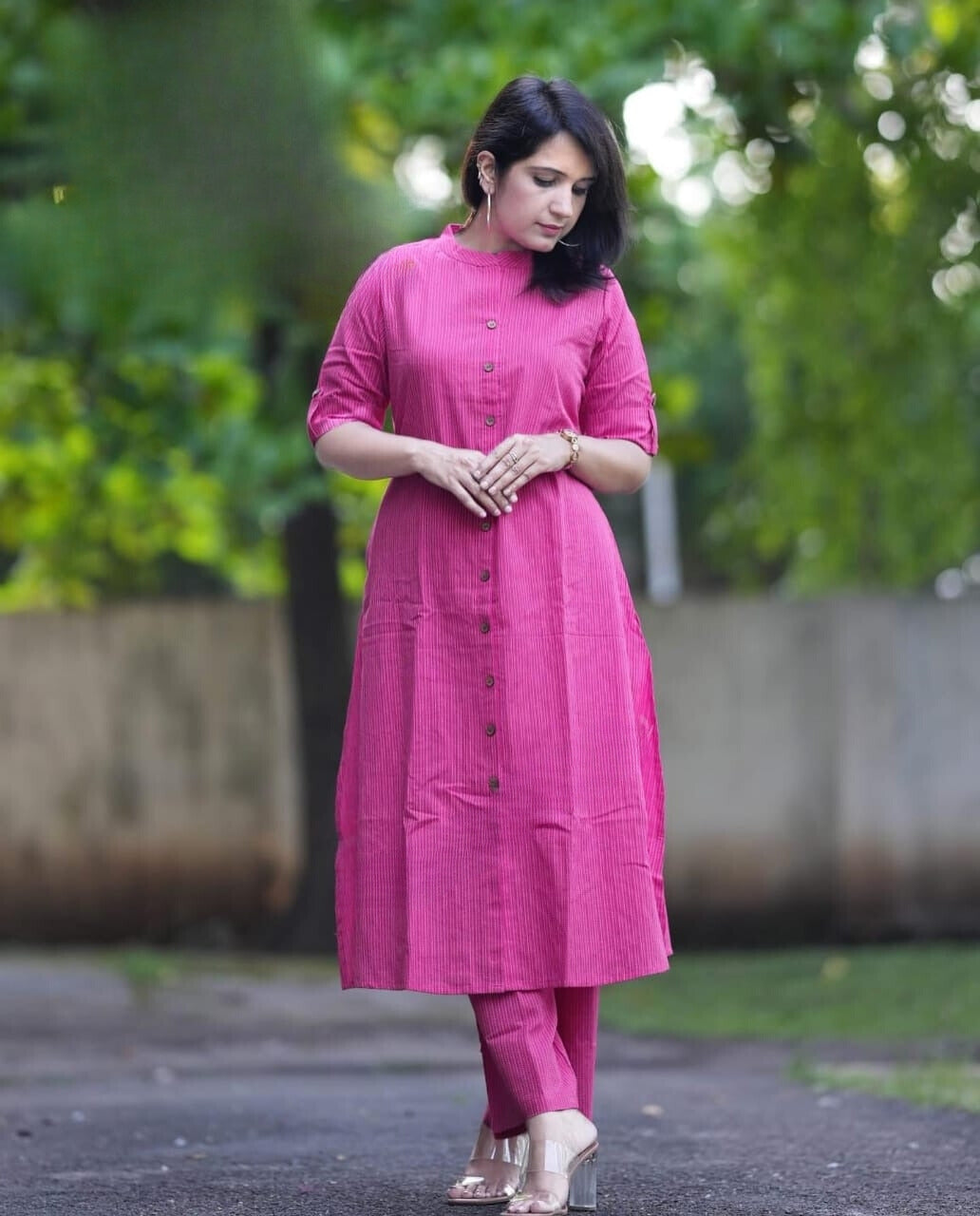 Pink Katha Cotton Kurta and Palazzo Set