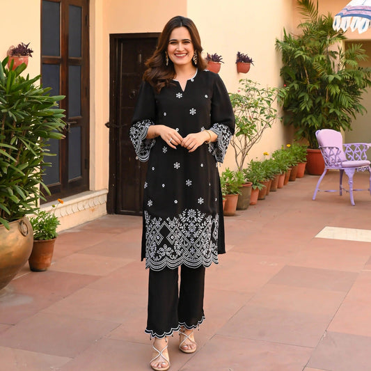 Stylish Embroidered Kurta and Palazzo Set (Black)