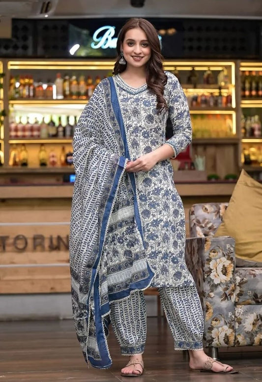 Floral Printed Kurta and Afghani Pant Set With Dupatta