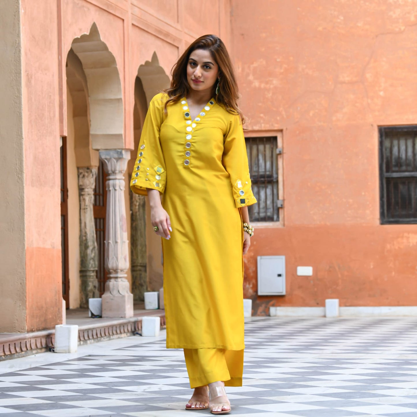 Mirror Work Yellow Cotton Kurta Palazzo Set