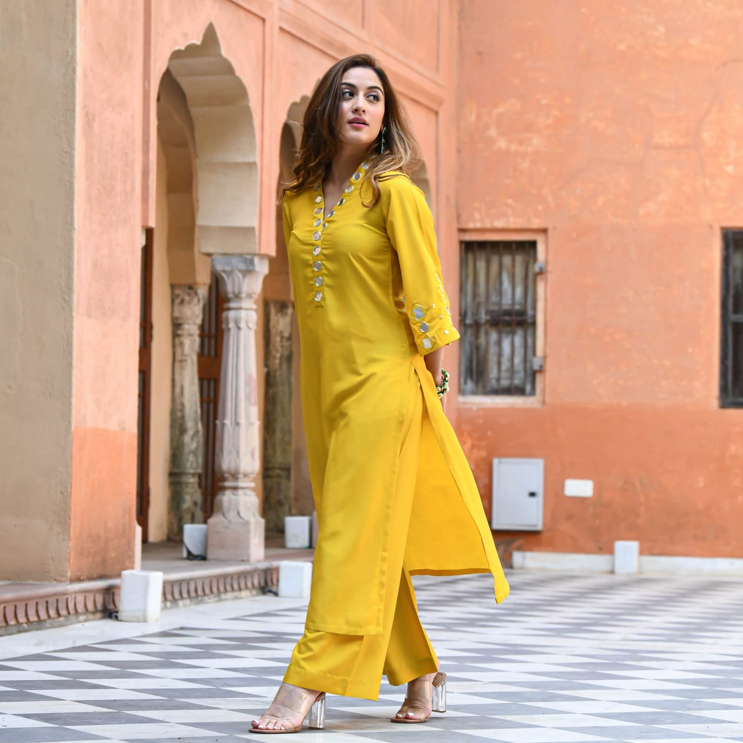 Mirror Work Yellow Cotton Kurta Palazzo Set