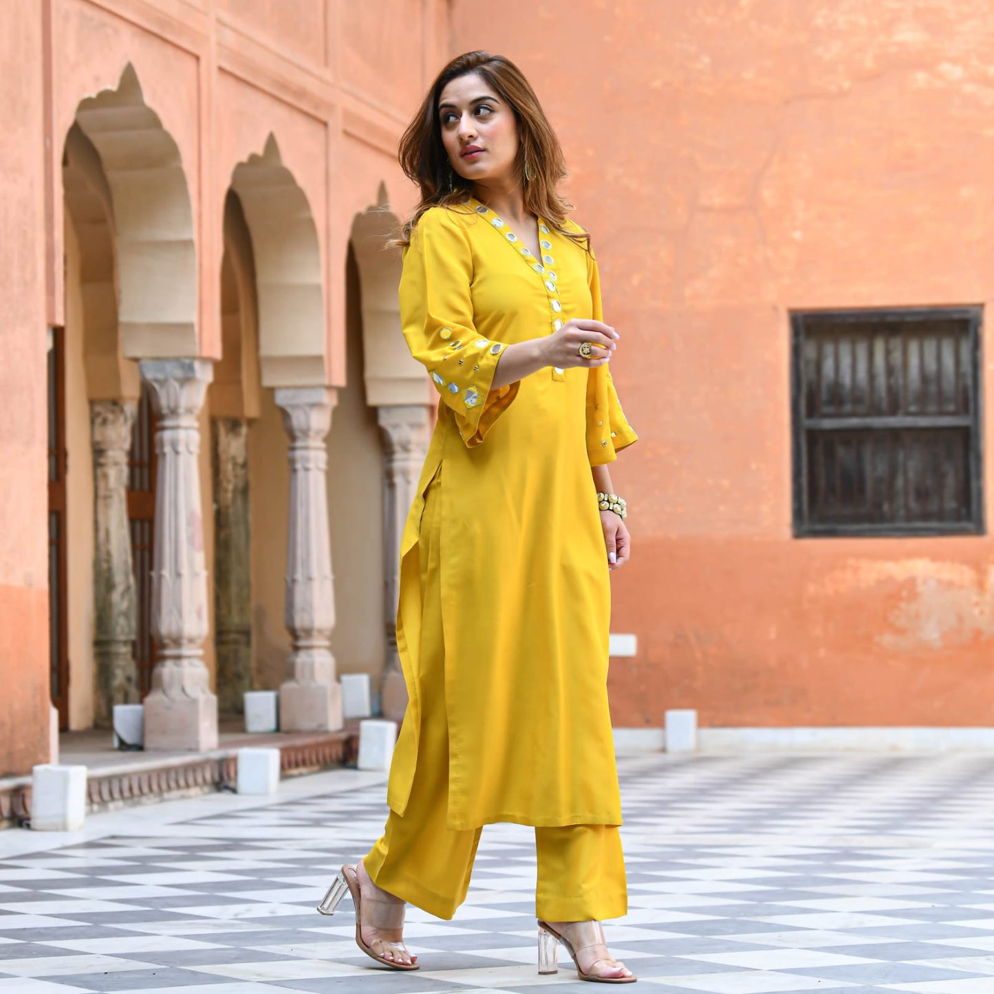 Mirror Work Yellow Cotton Kurta Palazzo Set