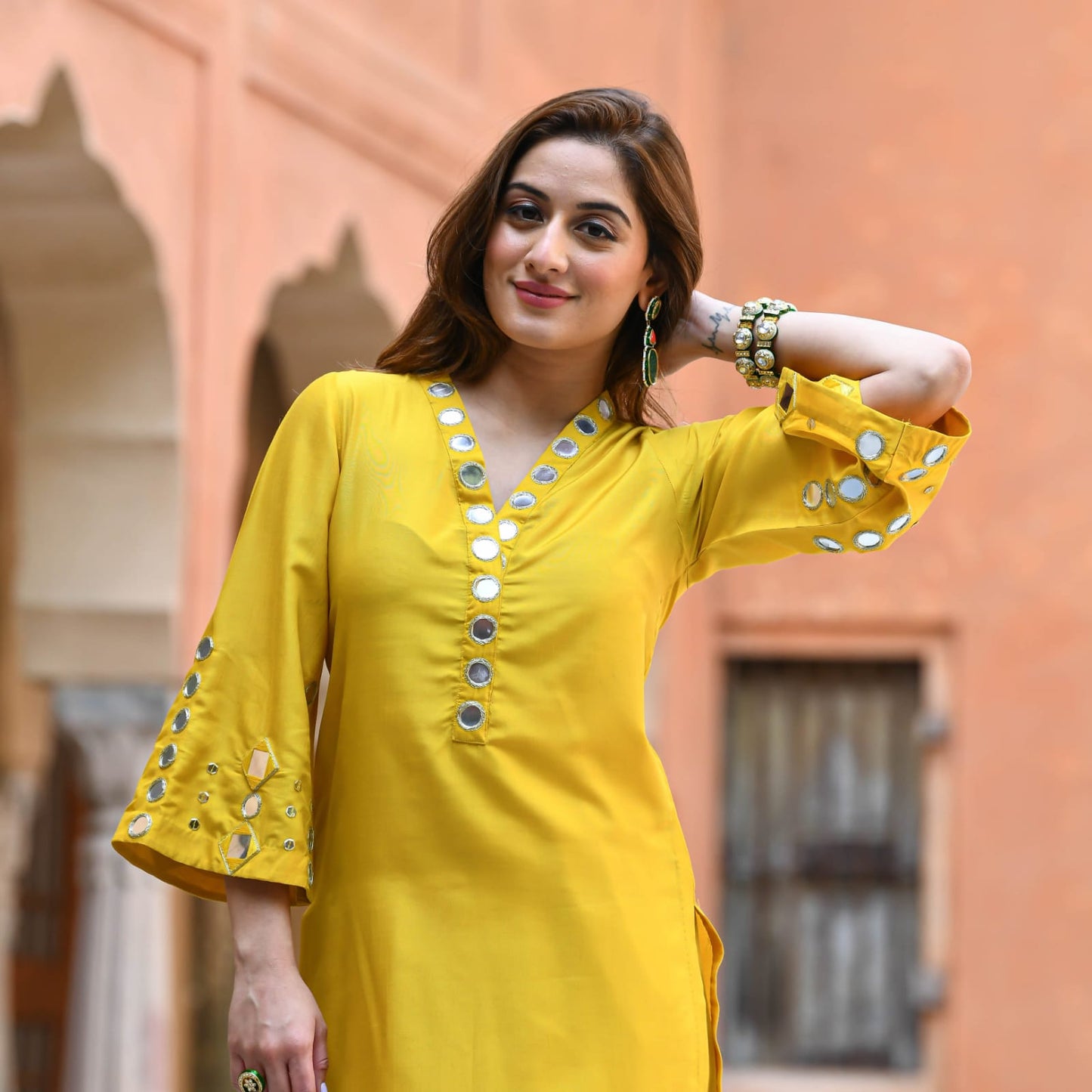 Mirror Work Yellow Cotton Kurta Palazzo Set