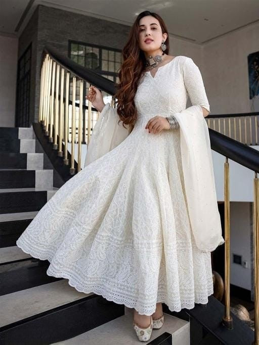 Chicken Cotton White Anarkali Kurta with Dupatta