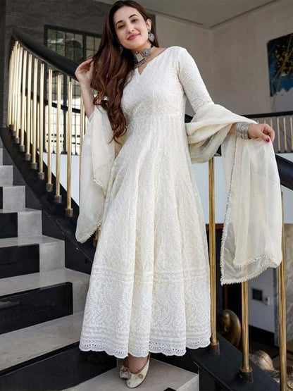 Chicken Cotton White Anarkali Kurta with Dupatta