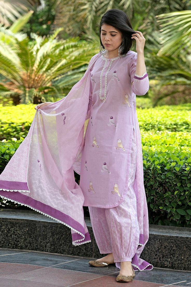 Bird Printed Pink Cotton Kurta and Pant Set with Dupatta