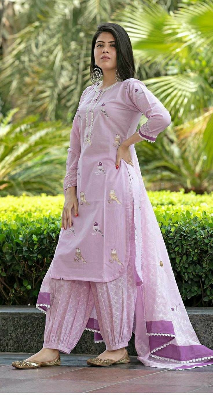 Bird Printed Pink Cotton Kurta and Pant Set with Dupatta