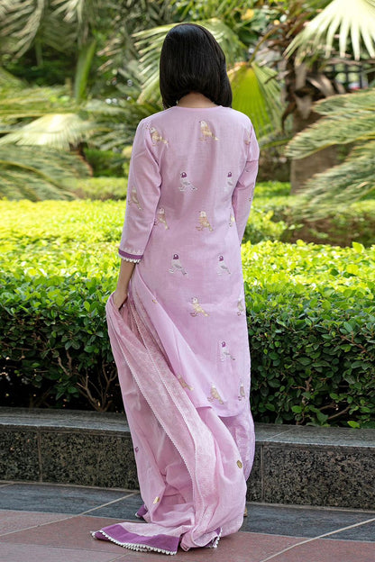 Bird Printed Pink Cotton Kurta and Pant Set with Dupatta