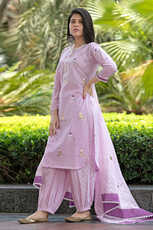 Bird Printed Pink Cotton Kurta and Pant Set with Dupatta