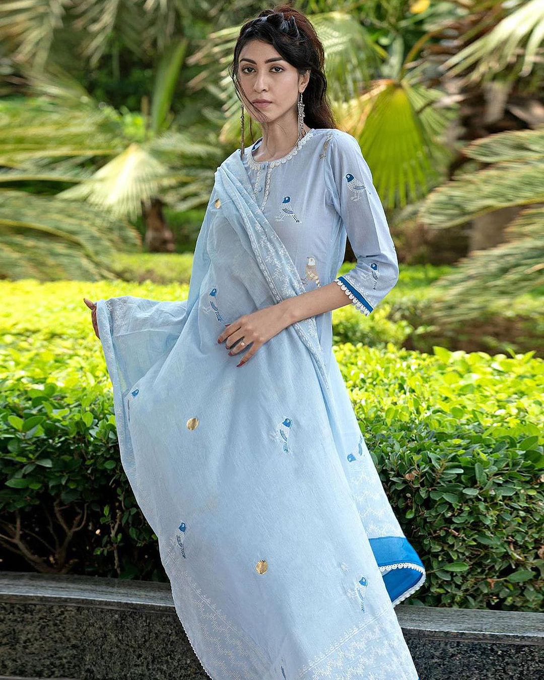 Bird Printed Sky Blue Cotton Kurta and Pant Set with Dupatta