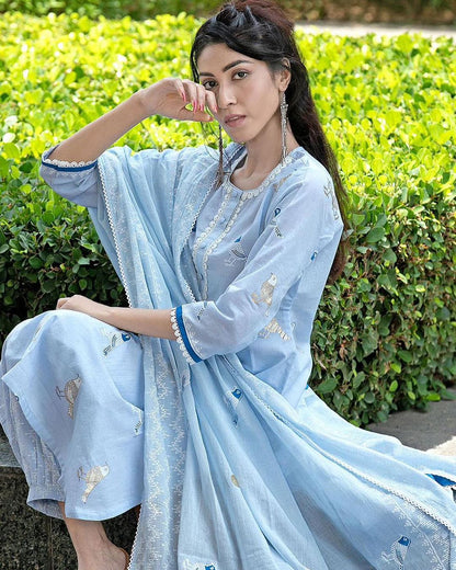 Bird Printed Sky Blue Cotton Kurta and Pant Set with Dupatta