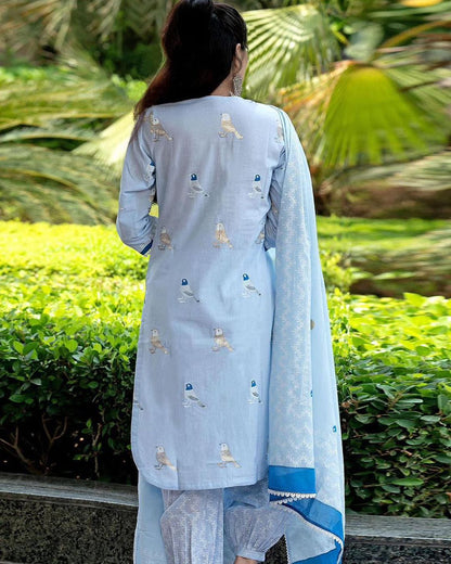 Bird Printed Sky Blue Cotton Kurta and Pant Set with Dupatta