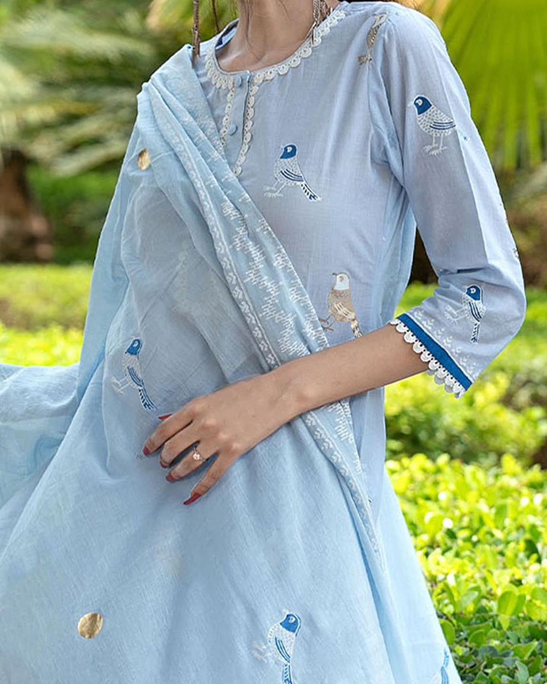 Bird Printed Sky Blue Cotton Kurta and Pant Set with Dupatta