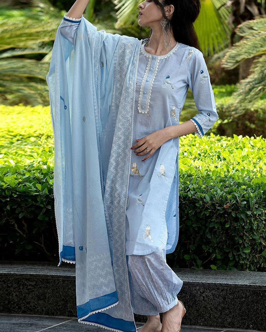 Bird Printed Sky Blue Cotton Kurta and Pant Set with Dupatta