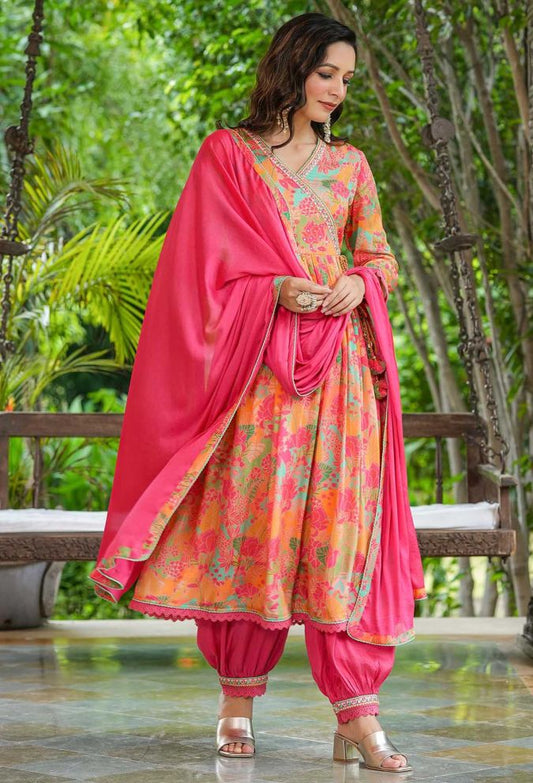 Floral Printed Embellished Muslin Suit Set with Georgette Dupatta