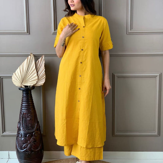 Yellow Katha Cotton Kurta and Palazzo Set