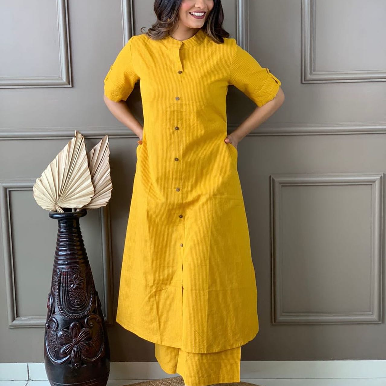 Yellow Katha Cotton Kurta and Palazzo Set