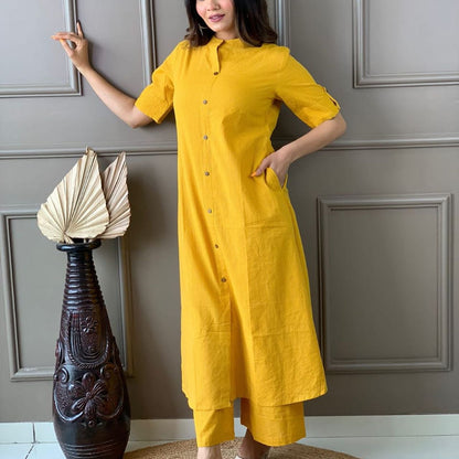 Yellow Katha Cotton Kurta and Palazzo Set