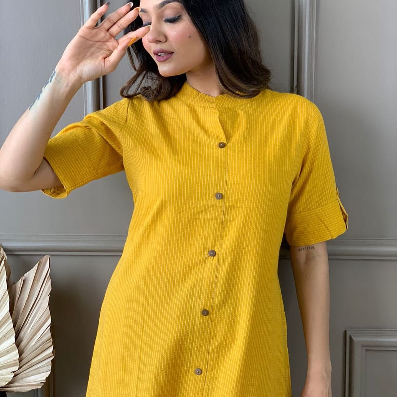 Yellow Katha Cotton Kurta and Palazzo Set