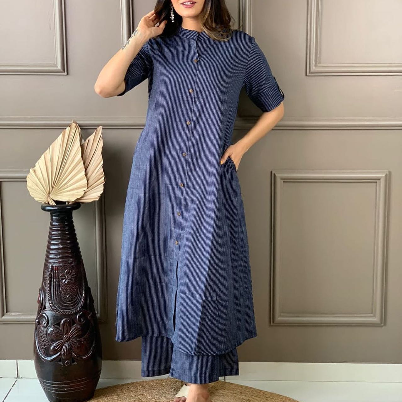 Mist Blue Katha Cotton Kurta and Palazzo Set