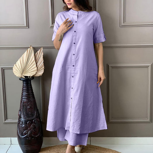 Pastel Purple Katha Cotton Kurta and Palazzo Set