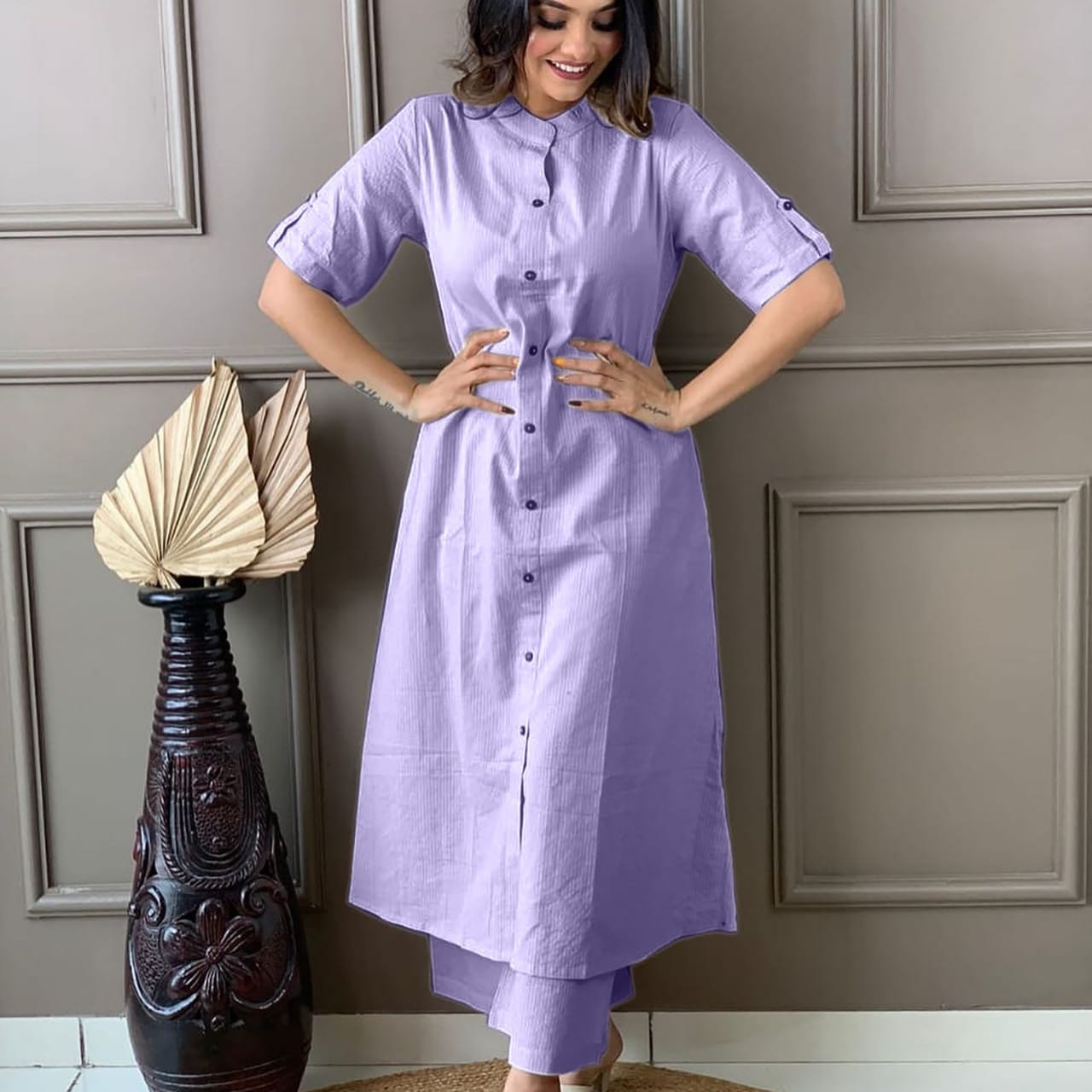 Pastel Purple Katha Cotton Kurta and Palazzo Set