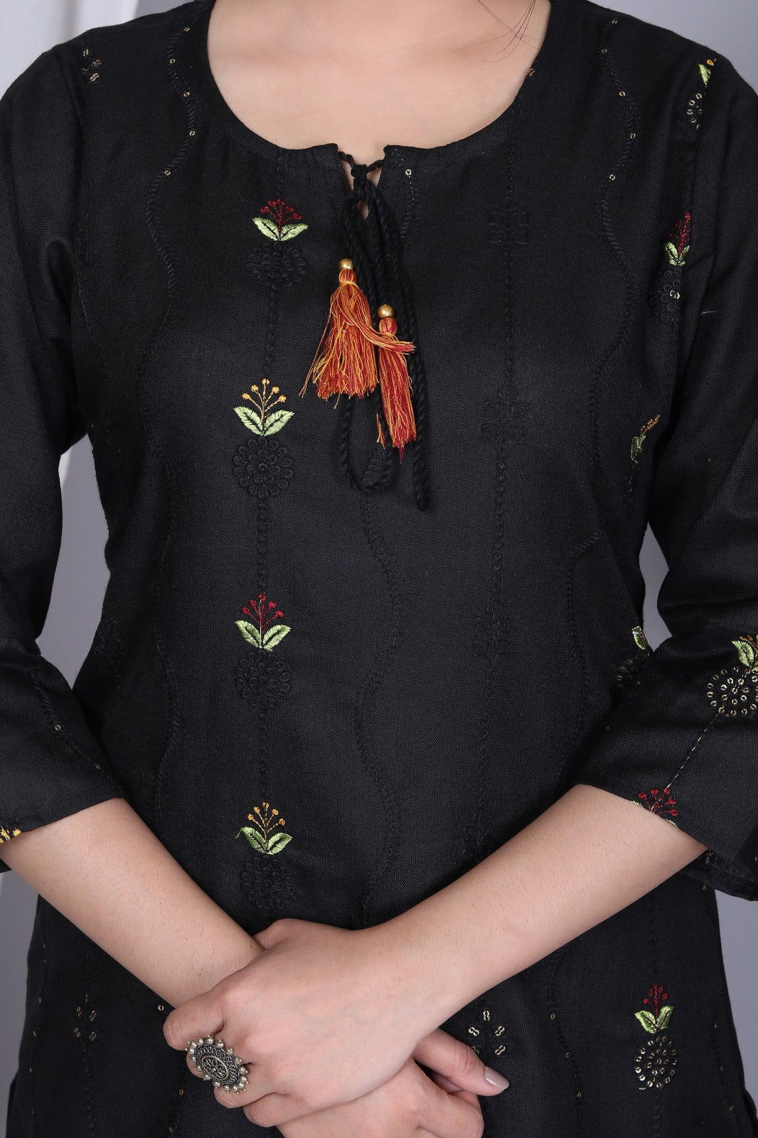 Black Embroidered Kurta and Pant Set with Embroidered Organza Dupatta