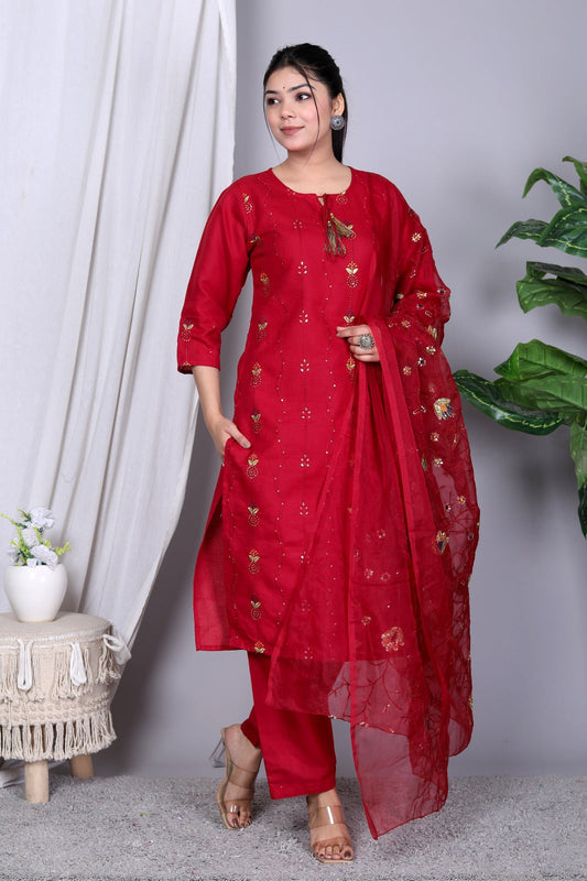 Red Embroidered Kurta and Pant Set with Embroidered Organza Dupatta