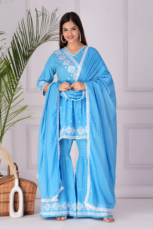 Sky Blue Embroidered Kurta Sharara Set with Dupatta