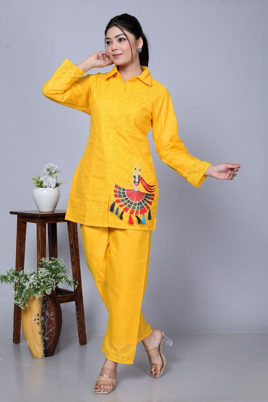 Yellow Sequence Embroidered Cotton Schiffli Co-Ord  Set