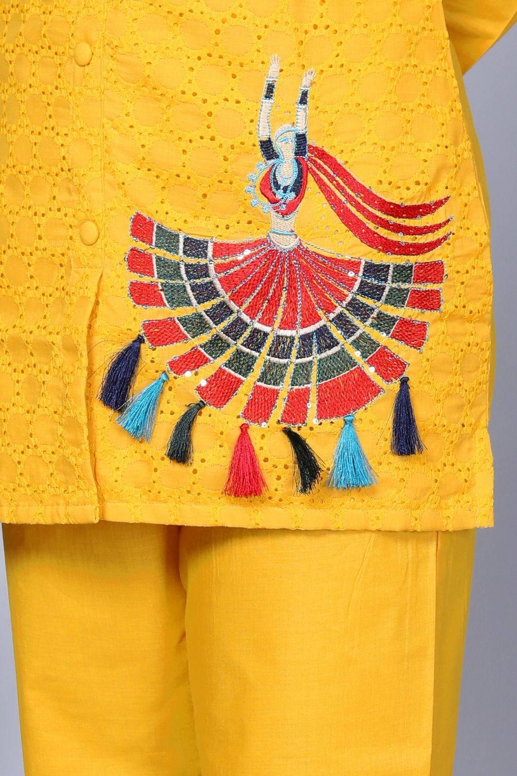 Yellow Sequence Embroidered Cotton Schiffli Co-Ord  Set