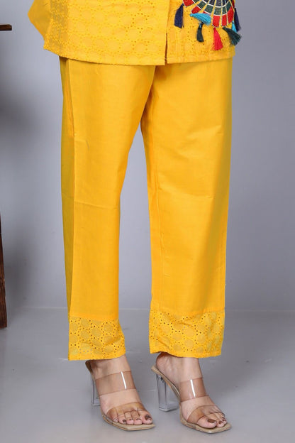 Yellow Sequence Embroidered Cotton Schiffli Co-Ord  Set