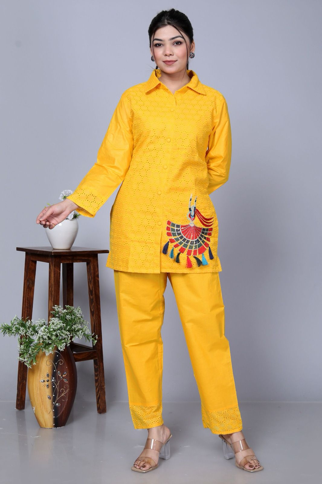 Yellow Sequence Embroidered Cotton Schiffli Co-Ord  Set