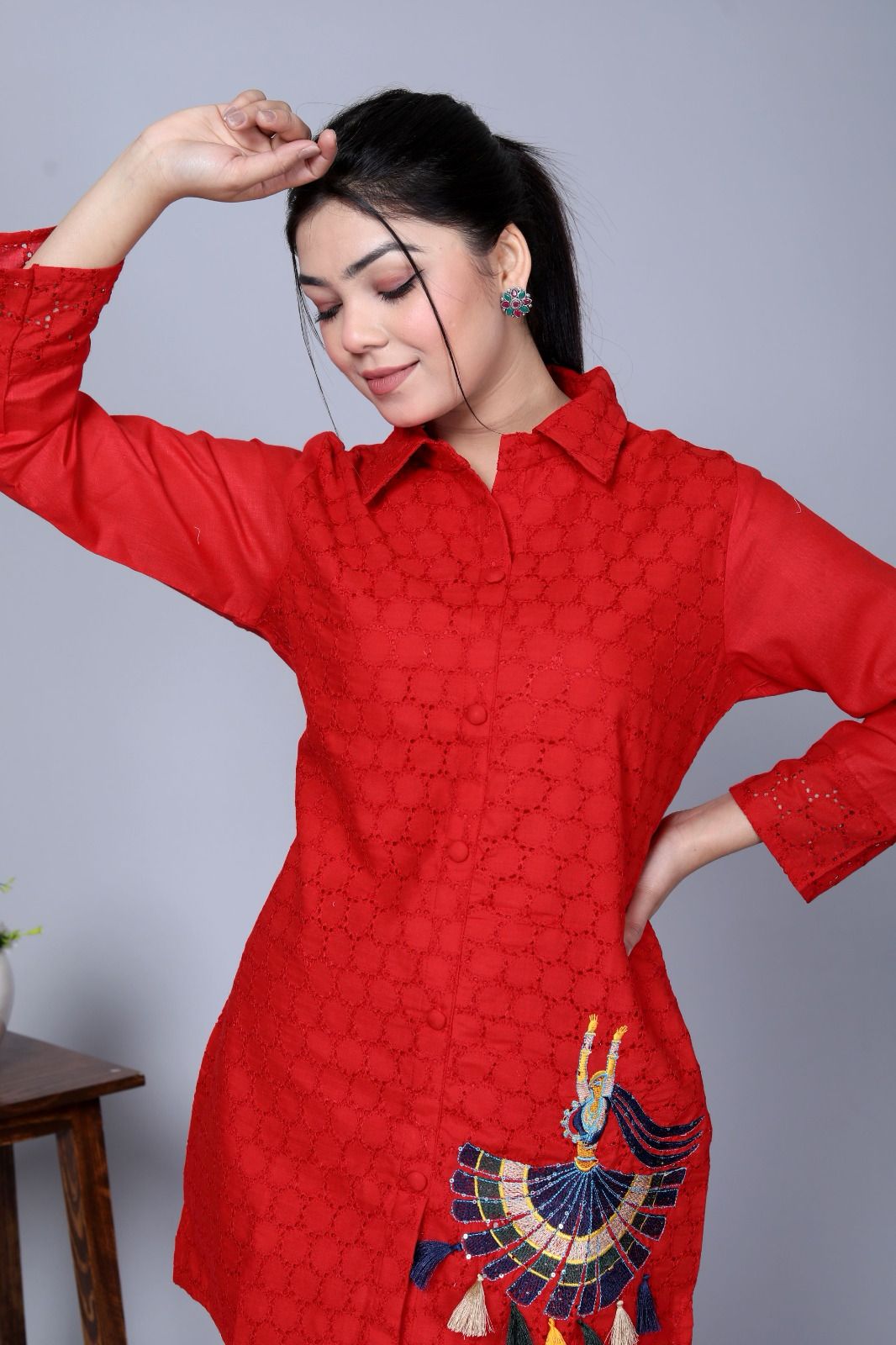 Red Sequence Embroidered Cotton Schiffli Co-Ord  Set