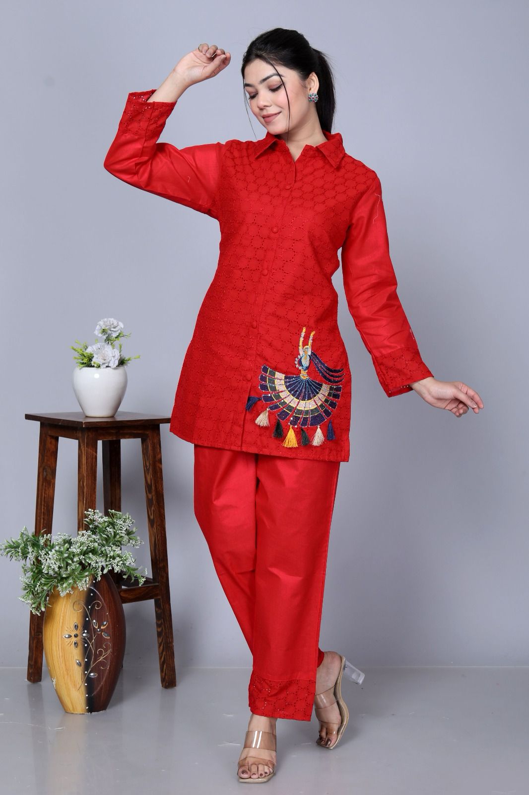 Red Sequence Embroidered Cotton Schiffli Co-Ord  Set