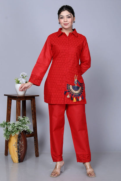 Red Sequence Embroidered Cotton Schiffli Co-Ord  Set