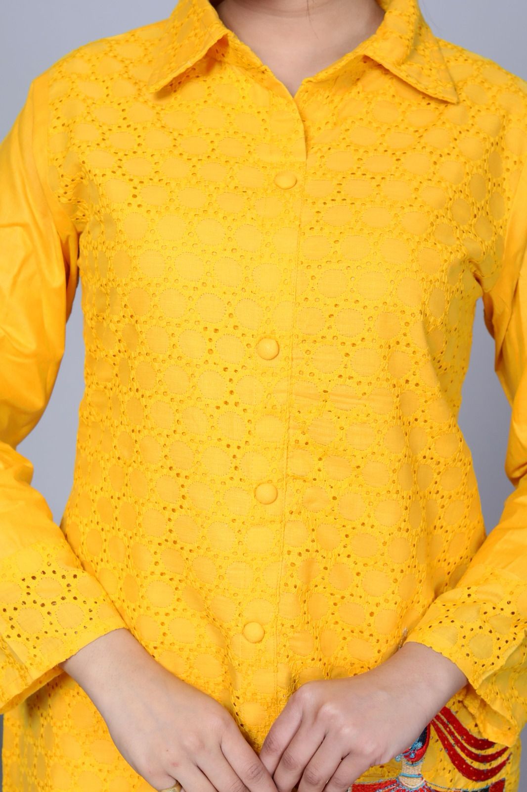 Yellow Sequence Embroidered Cotton Schiffli Co-Ord  Set