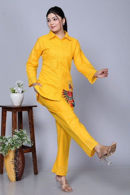 Yellow Sequence Embroidered Cotton Schiffli Co-Ord  Set