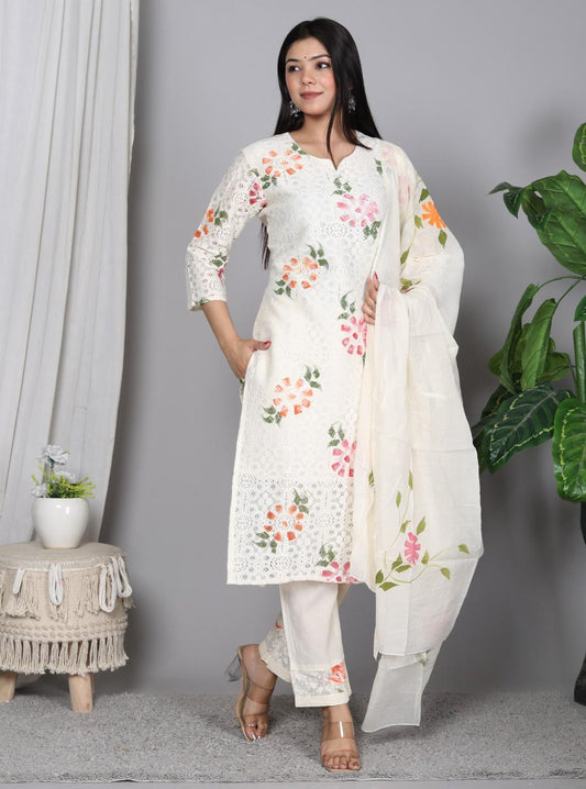 White Rock Cotton Crosia Net Brush Printed Suit Set with Mulmul Dupatta