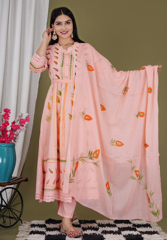 Rose Fog Sequence Embroidered Brush Printed Gown Kurta Suit Set with Mulmul Dupatta