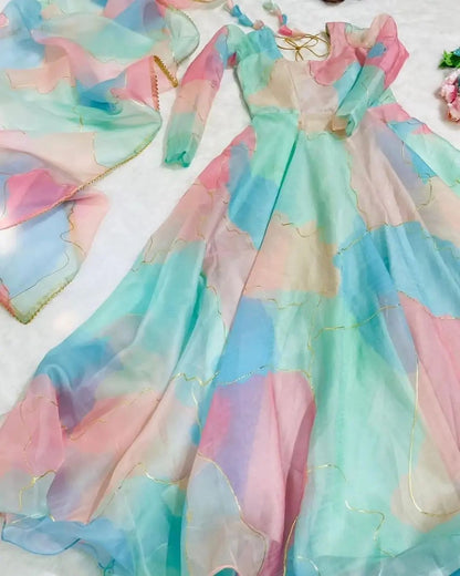 Multi Color Tabby Silk Organza Dress with Dupatta