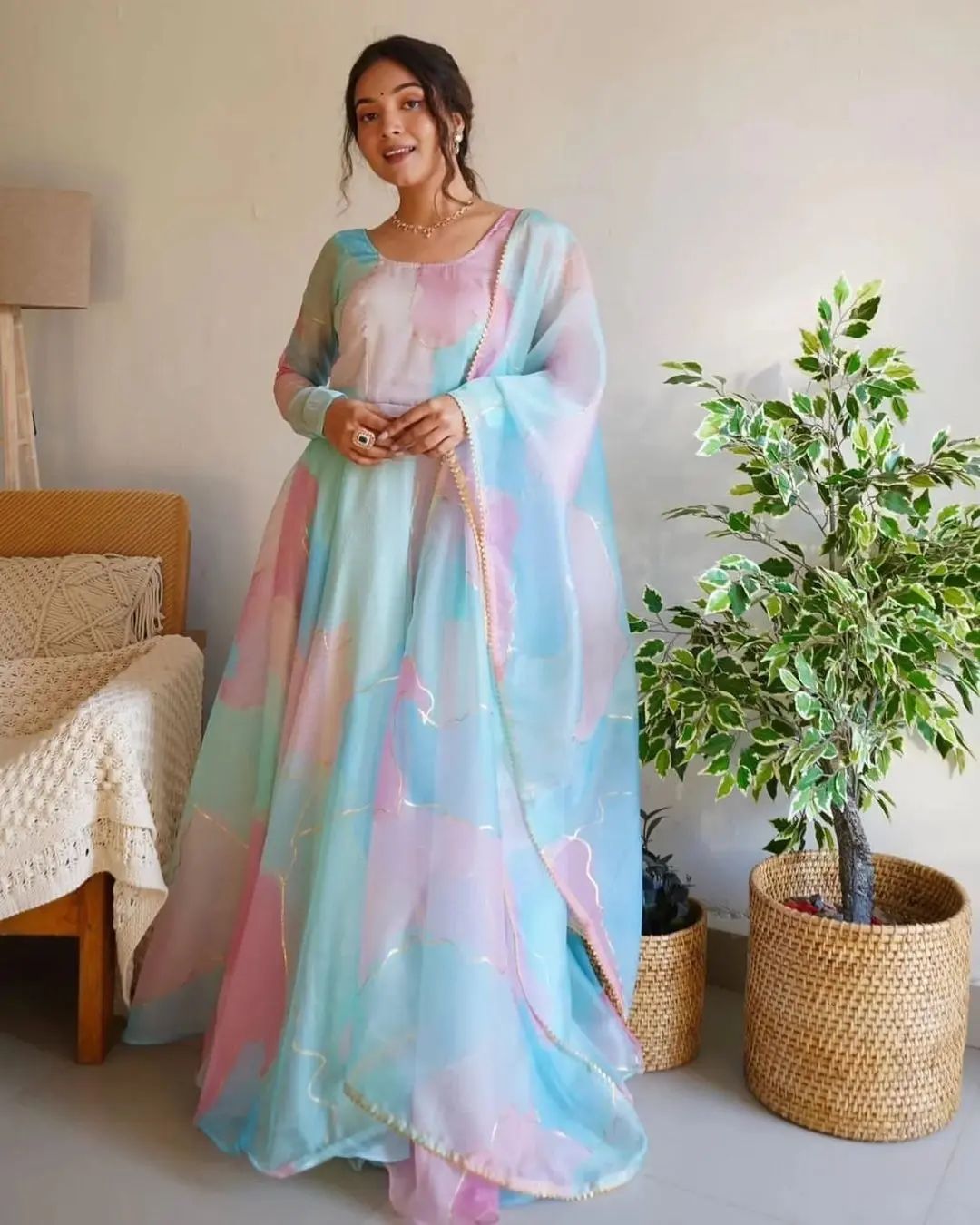 Multi Color Tabby Silk Organza Dress with Dupatta