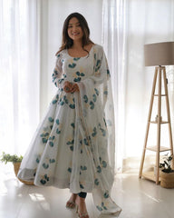 White Digital Printed Tabby Silk Organza Dress with Dupatta