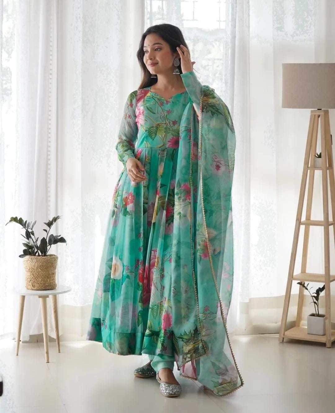 Green Digital Printed Tabby Silk Organza Dress with Dupatta