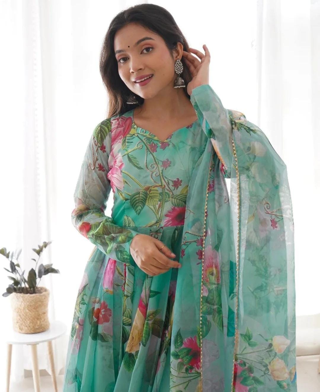 Green Digital Printed Tabby Silk Organza Dress with Dupatta