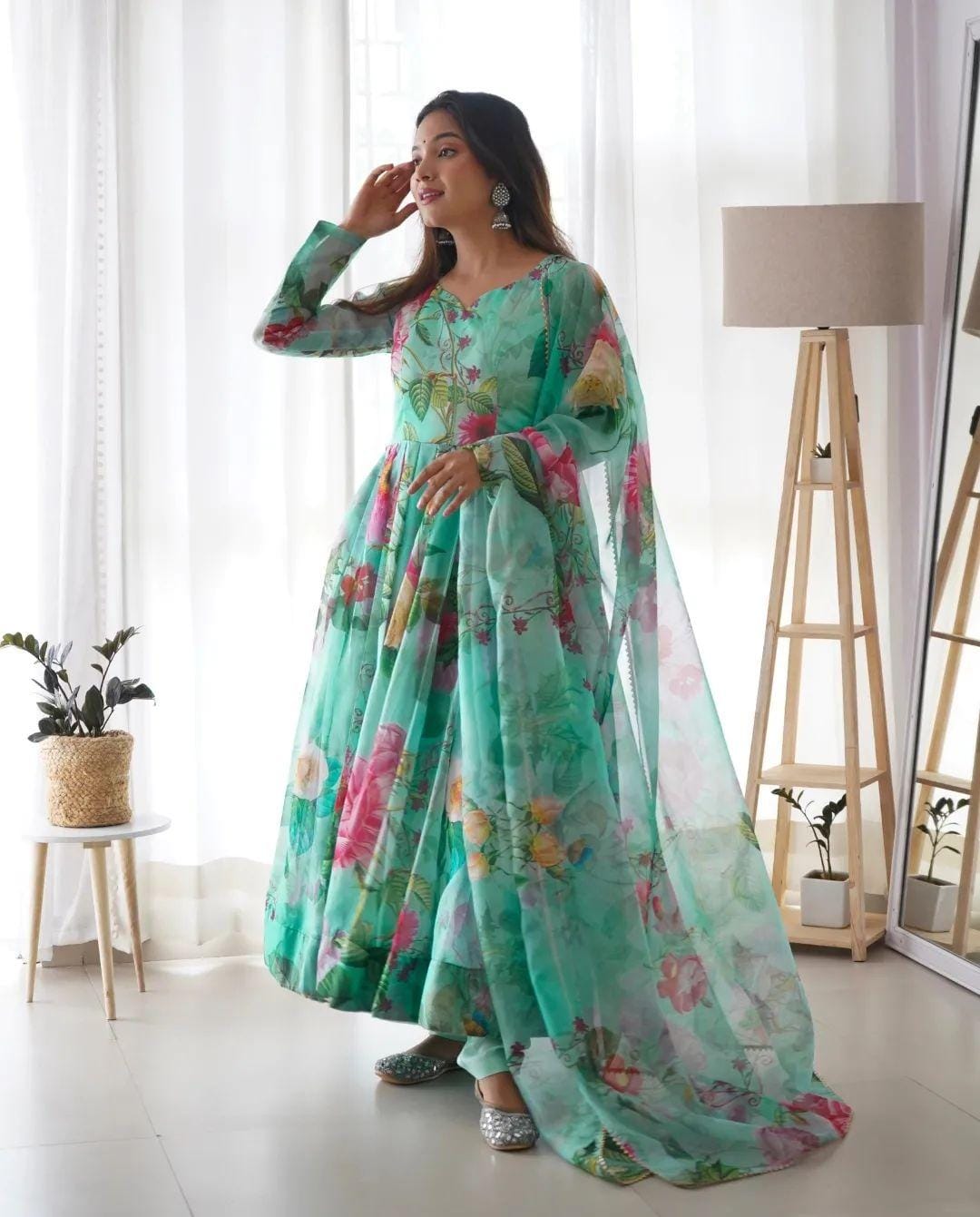 Green Digital Printed Tabby Silk Organza Dress with Dupatta