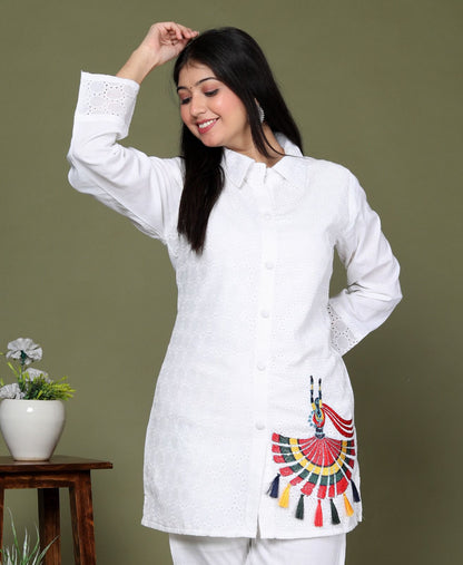 White Sequence Embroidered Cotton Schiffli Co-Ord  Set