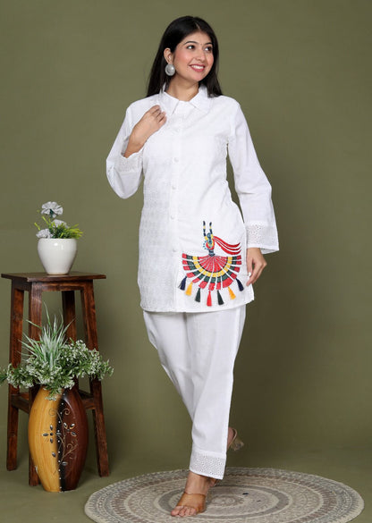 White Sequence Embroidered Cotton Schiffli Co-Ord  Set