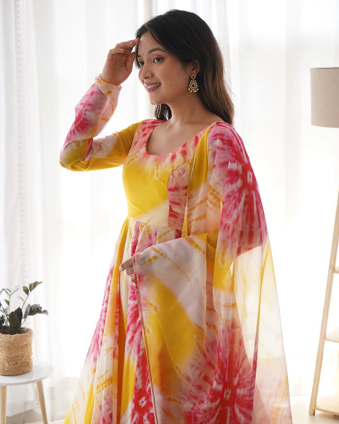 Yellow Red Tabby Silk Organza Anarkali Suit Set with Dupatta